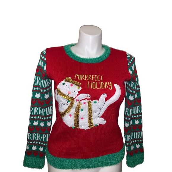 It’s Our Time Christmas Graphic Design Cat Embroidery Pattern Sweater, Size XL - Picture 5 of 11